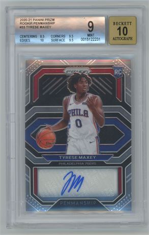 2020-21 Panini Prizm Rookie Penmanship #33 Tyrese Maxey RC BGS 9 MINT/Auto 10