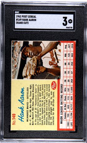 1962 Post Cereal #149 Hank Aaron Hand Cut SGC 3 VG