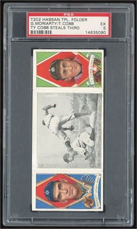 1912 T202 Hassan Triple Folder Moriarty/Cobb Ty Cobb Steals Third PSA 5