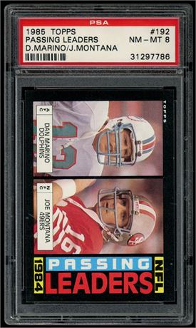 1985 Topps #192 Passing Leaders Dan Marino & Joe Montana PSA 8