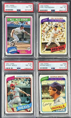 1980-1981 Topps PSA 8 NMMT Star Lot (4) w/ Brett, Bench, Garvey & Yastrzemski