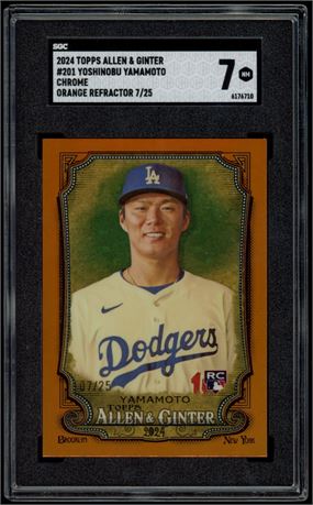 2024 Topps Allen & Ginter #201 Yoshinobu Yamamoto RC Orange 07/25 SGC 7