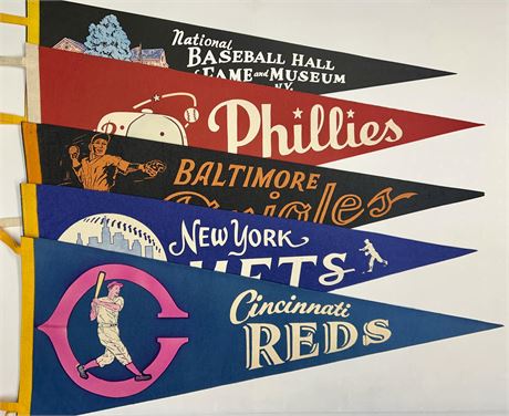 1950s-1960s Baseball Pennants Lot (5) w/ HOF, Phillies, Reds, Orioles, and Mets