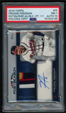 2019 Topps Freddie Freeman Postseason Performance Auto Relic 1/1 PSA 7 Auto 10