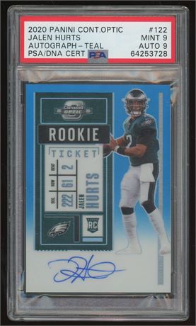 2020 Panini Contenders Optic #122 Jalen Hurts RC Auto Teal 34/99 PSA 9 Auto 9