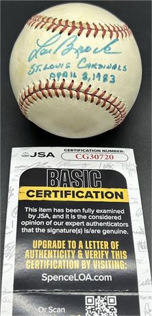 Lou Brock Signed Wilson Baseball JSA Moderate Toning/Discolored