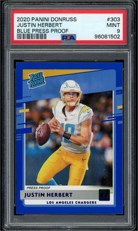 2020 Panini Donruss #303 Justin Herbert Rated Rookie  Blue Press Proof PSA 9