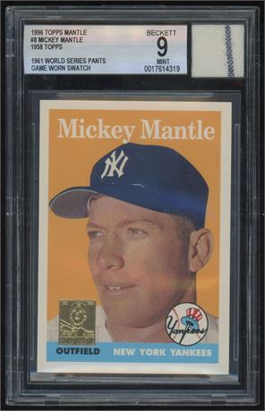 1996 Topps Mantle #8 Mickey Mantle 1958 Topps 1961 WS Game Worn Patch BGS 9