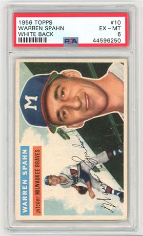 1956 Topps #10 Warren Spahn White Back PSA 6 EXMT Good Eye Appeal