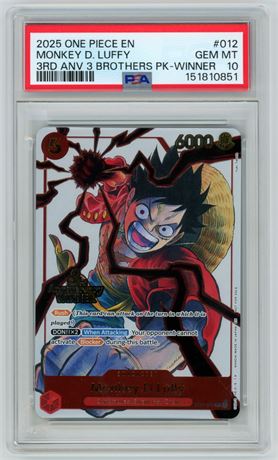 2025 One Piece EN #12 Monkey D Luffy 3rd Anniv 3 Brothers Pack Winner PSA 10