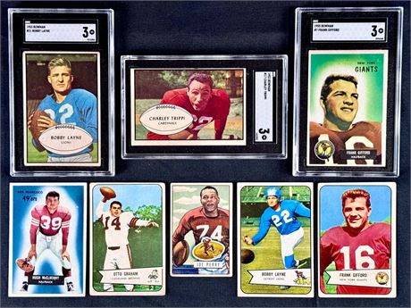 1951-1955 Vintage Football Raw/Graded Lot (8) w/ Stars Gifford & Layne