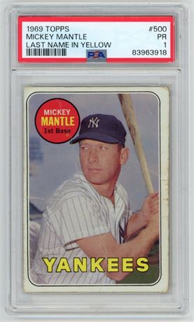 1969 Topps  #500  Mickey Mantle Last Name in Yellow PSA 1 POOR