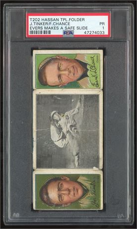 1912 T202 Hassan Triple Folder Tinker/Chance Evers Makes A Safe Slide PSA 1 POOR
