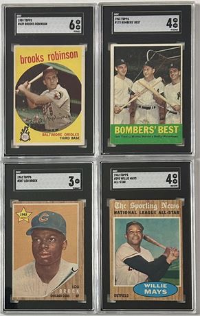 1959-1963 SGC Graded HOF Lot (4) w/ Brock RC, Mays & Mantle