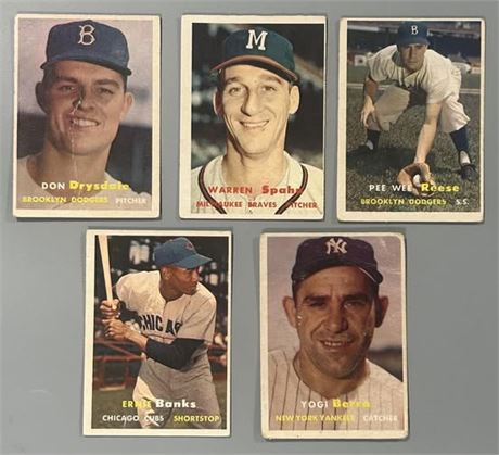 1957 Topps Low Grade Star Lot (5) w/ Drysdale RC, Banks & Berra