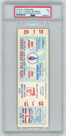 1972 All Star Game Full Ticket NL-4 AL-3 (10) MVP - Joe Morgan PSA 7 NM