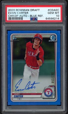 2020 1st Bowman Draft Evan Carter Auto Blue Refractor 061/150 PSA 10