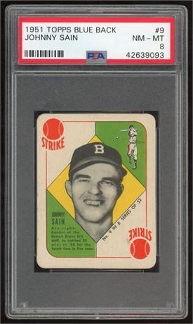 1951 Topps Blue Back #9 Johnny Sain PSA 8 NMMT