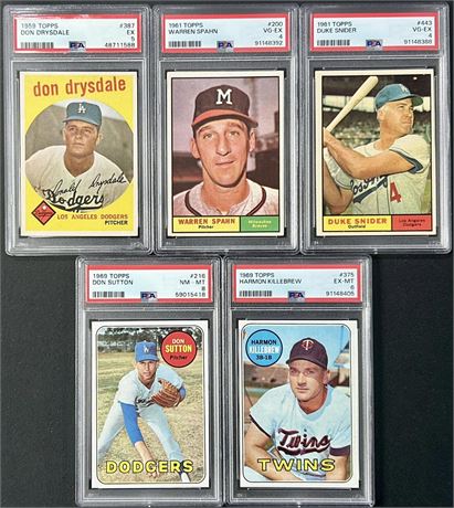 1959-69 Topps (5) Baseball HOF PSA Graded Star HOF Lot w/ Spahn Killebrew etc