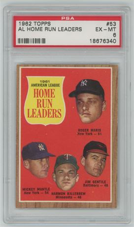 1962 Topps #53 AL Home Run Leaders (Maris/Mantle) PSA 6 EXMT