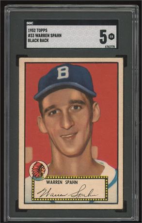 1952 Topps #33 Warren Spahn Black Back SGC 5 EX Nicely Centered