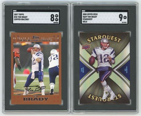 2007-2008 Football Tom Brady SGC Graded Football Lot (2) w/ Serial Numbered Card
