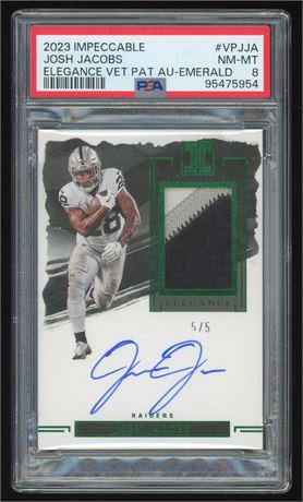 2023 Impeccable Elegance Auto-Emerald Josh Jacobs 5/5 PSA 8 NMMT 3-Color Patch