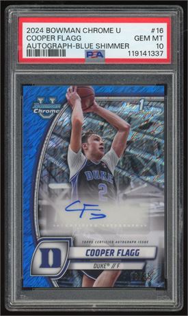 2024 1st Bowman Chrome U #16 Cooper Flagg RC Auto Blue Shimmer 16/35 PSA 10