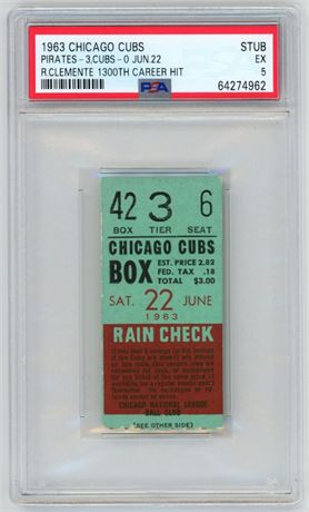 1963 Chicago Cubs June 22nd Ticket Stub R. Clemente 1,300 Career Hit PSA 5 EX