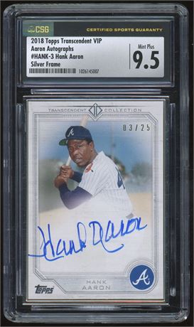2018 Topps Transcendent VIP #3 Hank Aaron Silver Frame Auto 3/25 CSG 9.5 MINT+