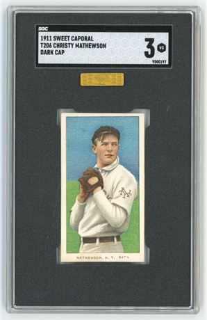 1909-1911 T206 Sweet Caporal Christy Mathewson Dark Cap SGC 3 VG Stellar (READ)