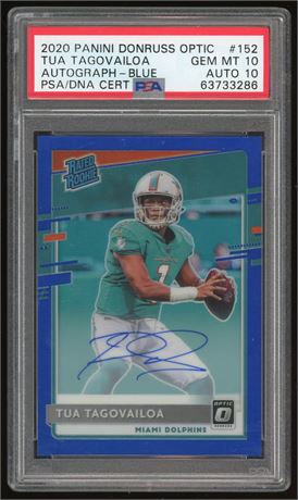 2020 Optic #152 Tua Tagovailoa Rated Rookie Auto Blue 23/75 PSA 10 Auto 10
