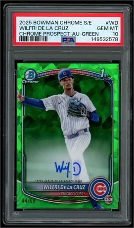 2025 Bowman Chrome S/E Wilfri De La Cruz Chrome Prospect Auto Green 44/99 PSA 10