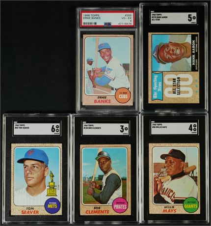 1968 Topps Graded Baseball Lot (5) w/ Clemente, Seaver, Mays, Aaron, and Banks