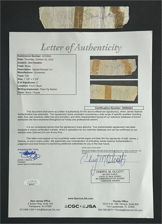 Jimi Hendrix Signed Receipt - Signed Front and Back JSA LOA (READ)