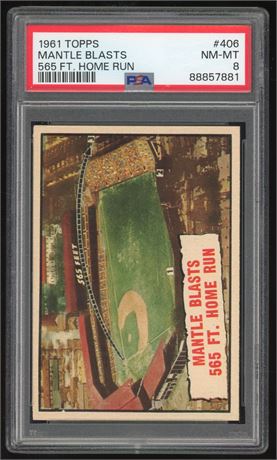 1961 Topps #406 Mantle Blasts 565 Ft Home Run PSA 8 NMMT