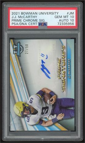 2021 Bowman University JJ McCarthy Prime Chrome Signatures 27/50 PSA 10 Auto 10