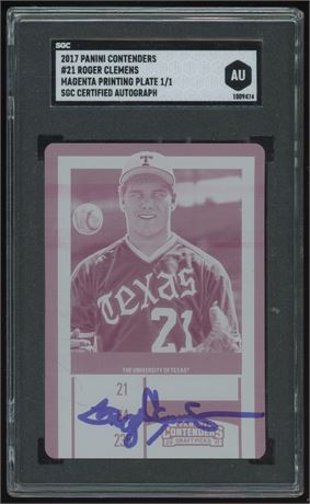 2017 Contenders #21 Roger Clemens Magenta Printing Plate 1/1 SGC Authentic Auto