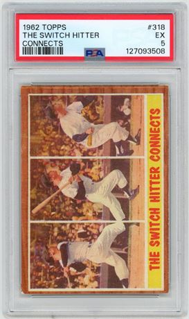 1962 Topps #318 Mickey Mantle The Switch Hitter Connects PSA 5 EX