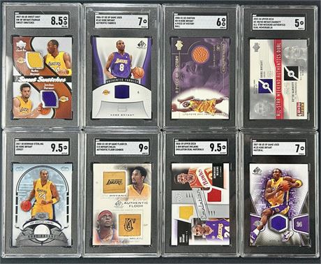 2000-08 Kobe Bryant (8) SGC Graded Lot with Jersey, Ball and Floor Relics