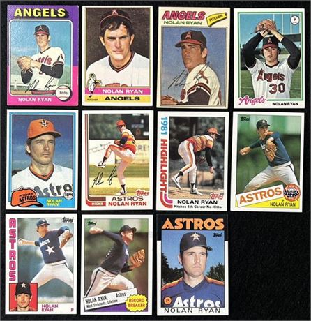 1975-86 Topps Nolan Ryan Lot (11) w/ 1977 Cloth Sticker See Description