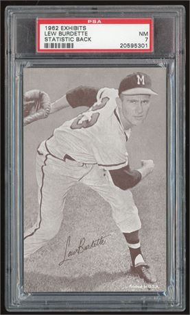 1962 Exhibits Lew Burdette Statistic Back PSA 7 NM Pop 2 Only 2 Higher