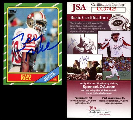 Jerry Rice Signed Trading Card (Reprint of 1986 Rookie Card) JSA