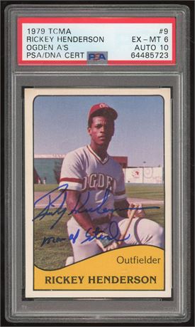 1979 TCMA #9 Rickey Henderson RC Ogden A's PSA 6 EXMT Auto 10