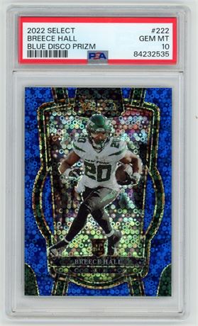 2022 Panini Select #222 Breece hall RC Blue Disco Prizm 25/25 PSA 10 GEM MINT
