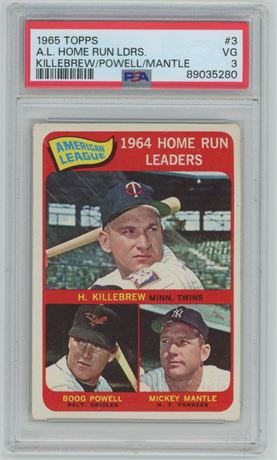 1965 Topps #3 AL HR Leaders Killebrew/Powell/Mantle PSA 3 VG