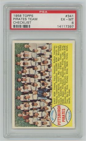 1958 Topps #341 Pirates Team Checklist (Roberto Clemente) PSA 6 EXMT