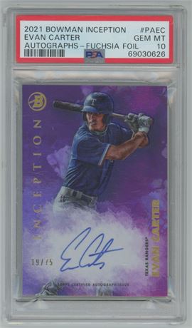 2021 Bowman Inception Evan Carter RC Auto Fuchsia Foil 19/75 PSA 10 GEM MINT