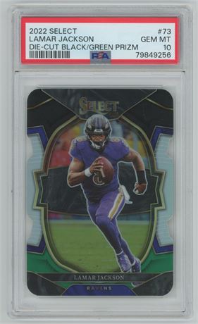 2022 Select #73 Lamar Jackson Die-Cut Black/Green Prizm PSA 10 GEM MINT