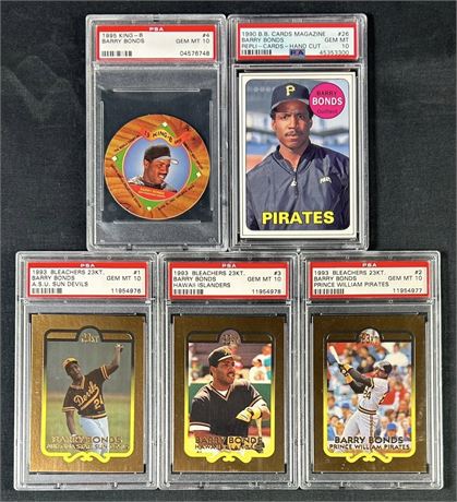 1990-1995 PSA 10 Graded Barry Bonds Lot (5) w/ 23kt Gold